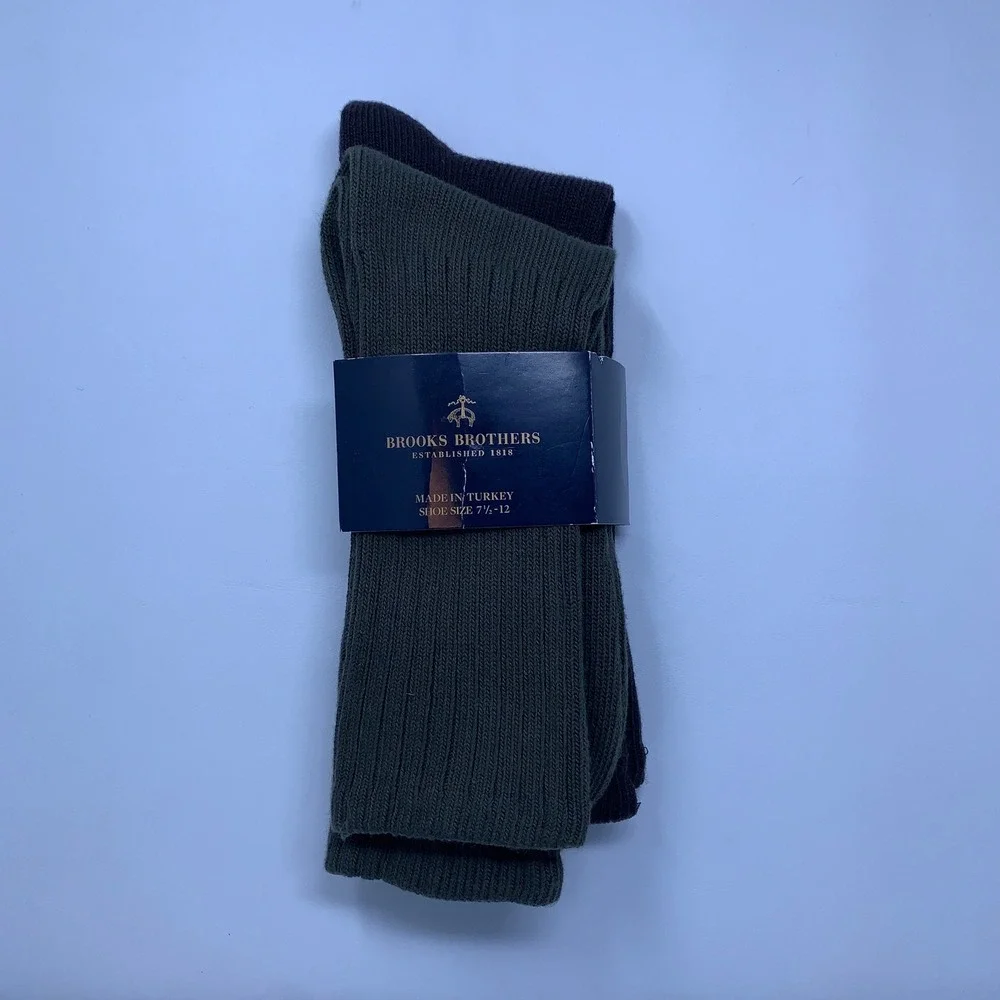 Brooks Brothers Mens One Size Brown Green Ribbed Cotton Blend Dress Socks 2-Pack